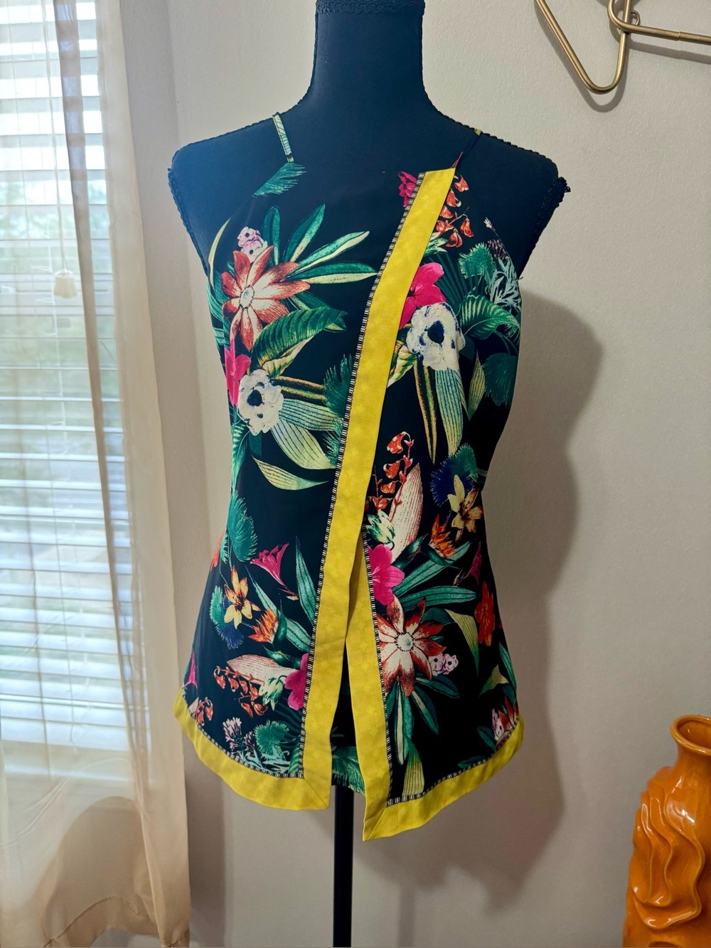 Soho Black Tropical Floral Halter Camisole with Yellow Trim